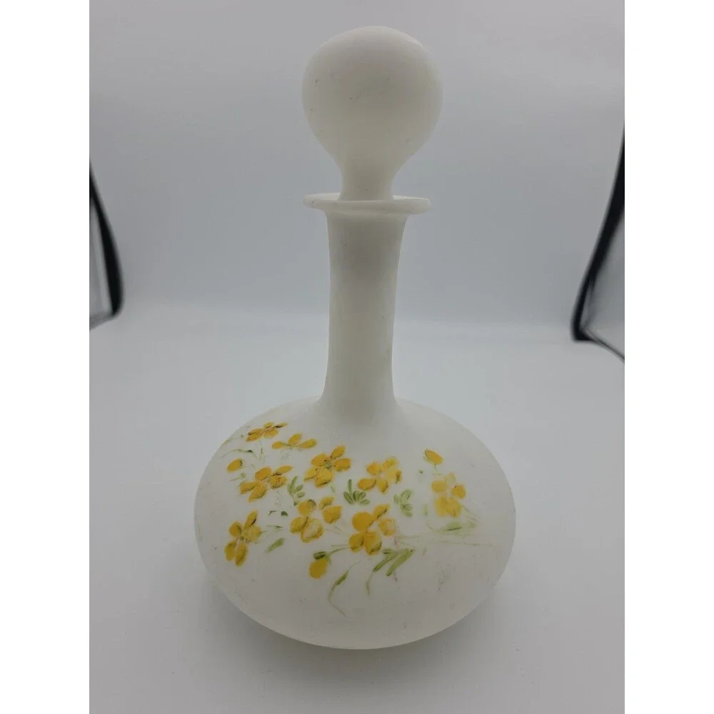 VtgFrosted Satin Glass Floral Decanter Bottle Yellow Flowers w/Stopper 8.5 in